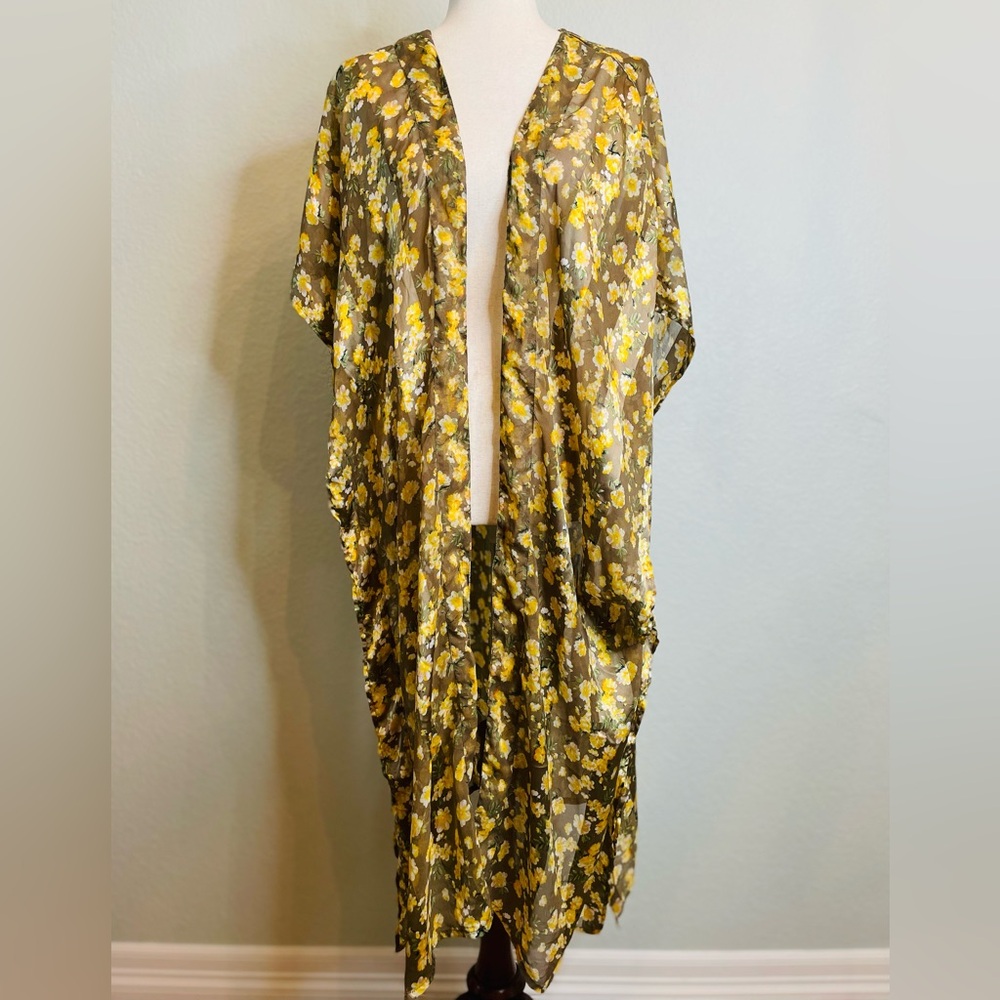 Anthropologie Andersen & Lauth Taupe Striped Yellow Floral Long Caftan Kimono